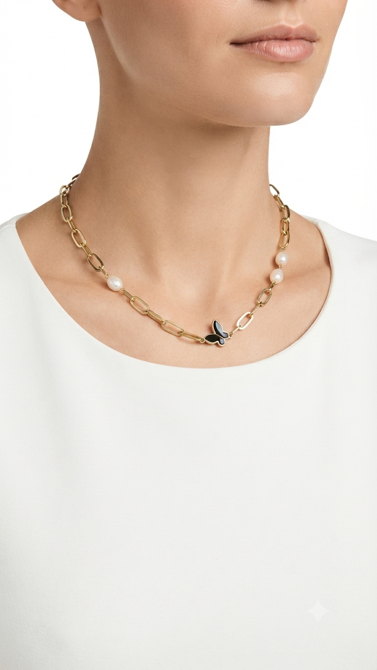 Butterfly Pearl link necklace